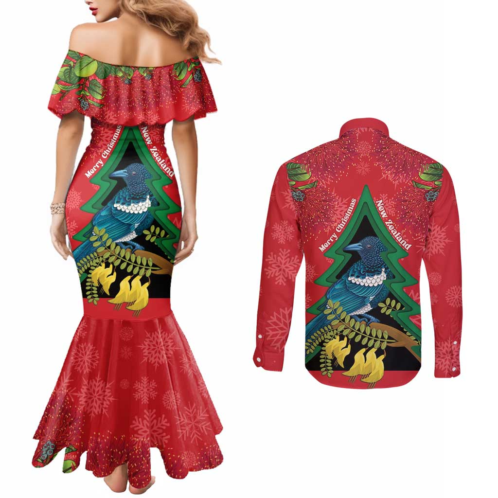 New Zealand Christmas In July Couples Matching Mermaid Dress and Long Sleeve Button Shirt Kowhai Tui Bird With Pohutukawa - Red