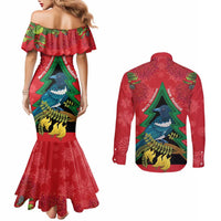 New Zealand Christmas In July Couples Matching Mermaid Dress and Long Sleeve Button Shirt Kowhai Tui Bird With Pohutukawa - Red
