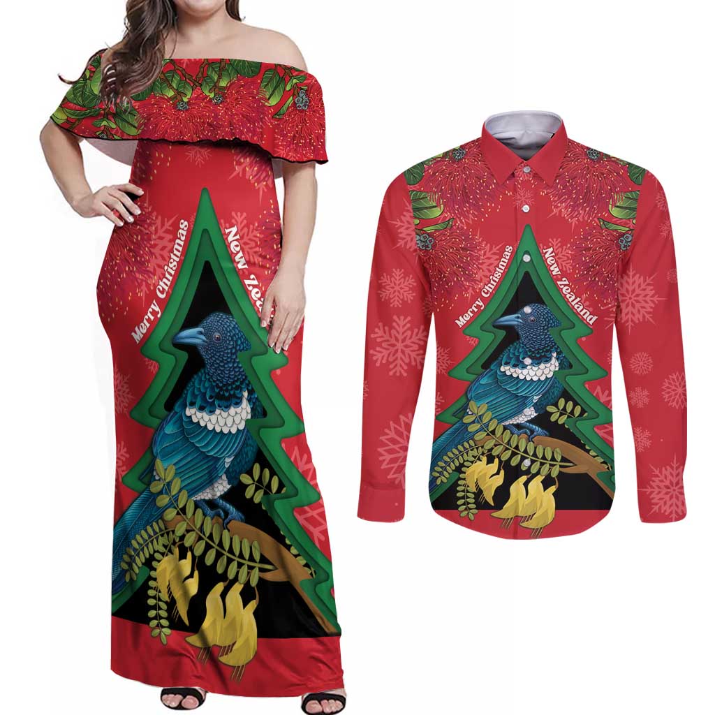 New Zealand Christmas In July Couples Matching Off Shoulder Maxi Dress and Long Sleeve Button Shirt Kowhai Tui Bird With Pohutukawa - Red