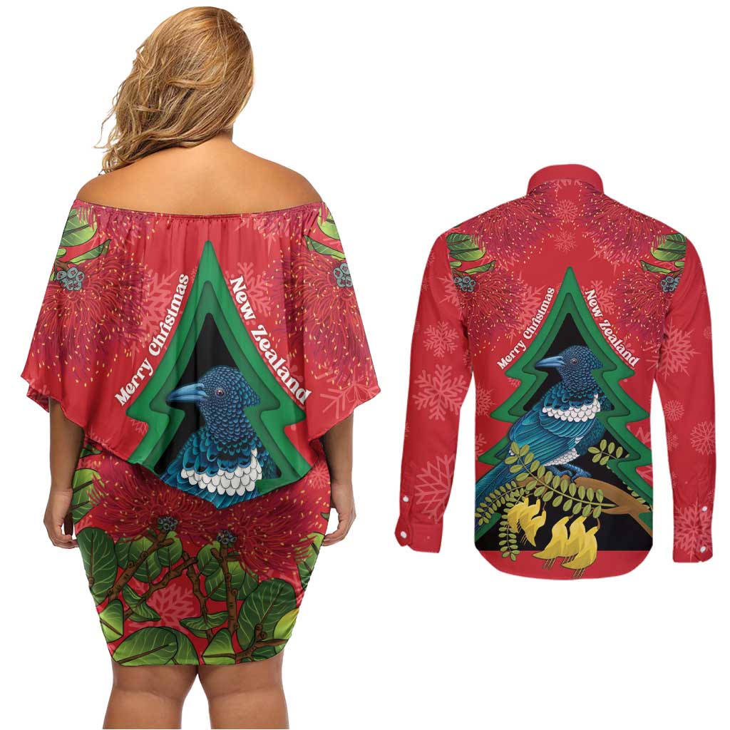 New Zealand Christmas In July Couples Matching Off Shoulder Short Dress and Long Sleeve Button Shirt Kowhai Tui Bird With Pohutukawa - Red