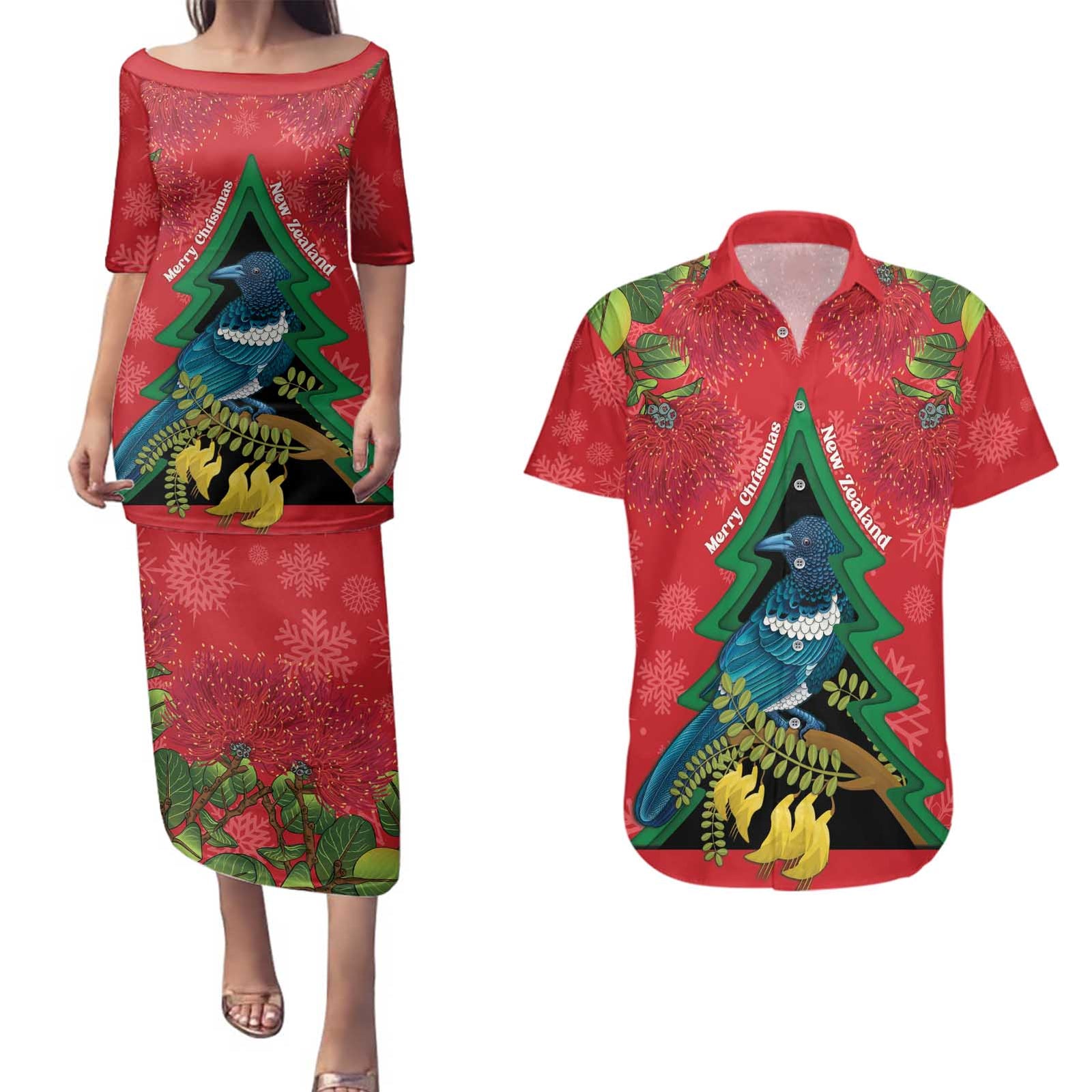 New Zealand Christmas In July Couples Matching Puletasi and Hawaiian Shirt Kowhai Tui Bird With Pohutukawa - Red