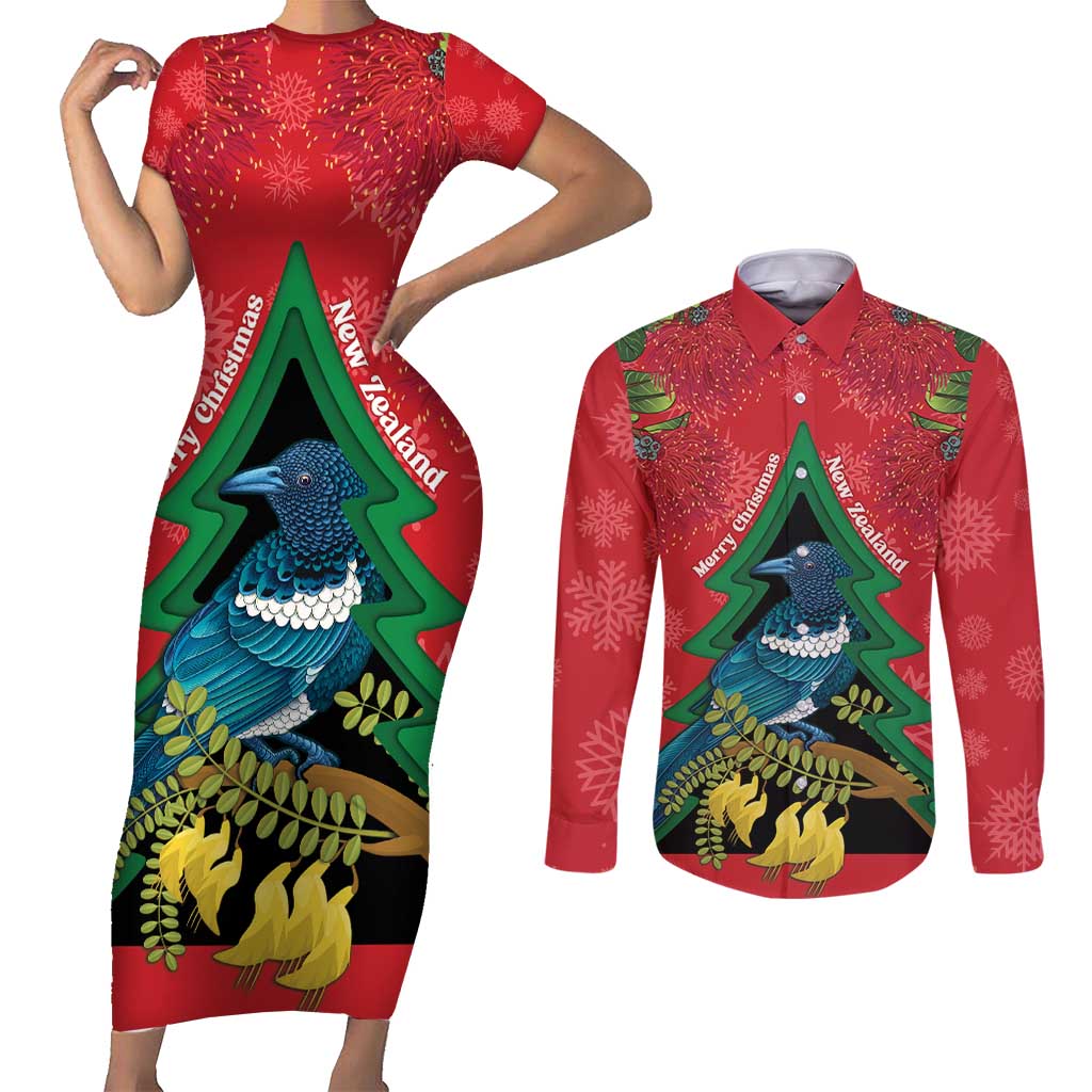 New Zealand Christmas In July Couples Matching Short Sleeve Bodycon Dress and Long Sleeve Button Shirt Kowhai Tui Bird With Pohutukawa - Red