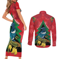 New Zealand Christmas In July Couples Matching Short Sleeve Bodycon Dress and Long Sleeve Button Shirt Kowhai Tui Bird With Pohutukawa - Red