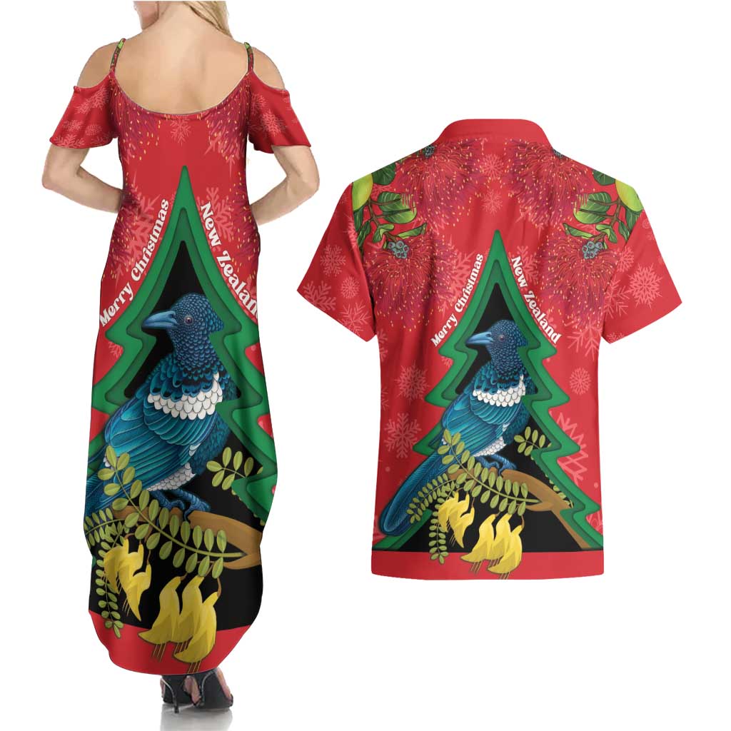 New Zealand Christmas In July Couples Matching Summer Maxi Dress and Hawaiian Shirt Kowhai Tui Bird With Pohutukawa - Red