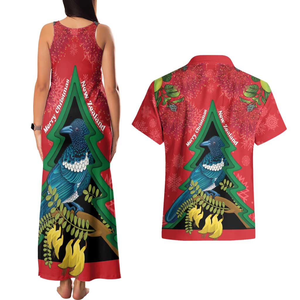 New Zealand Christmas In July Couples Matching Tank Maxi Dress and Hawaiian Shirt Kowhai Tui Bird With Pohutukawa - Red