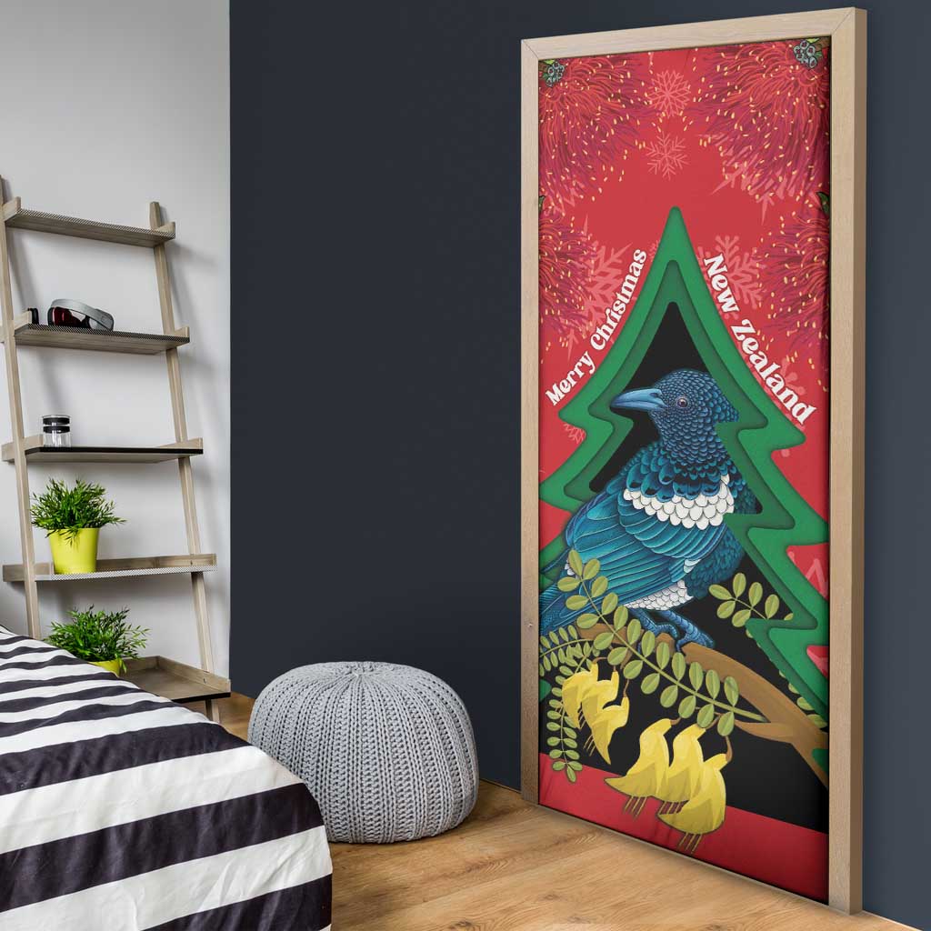 New Zealand Christmas In July Door Cover Kowhai Tui Bird With Pohutukawa - Red - Polynesian Pride