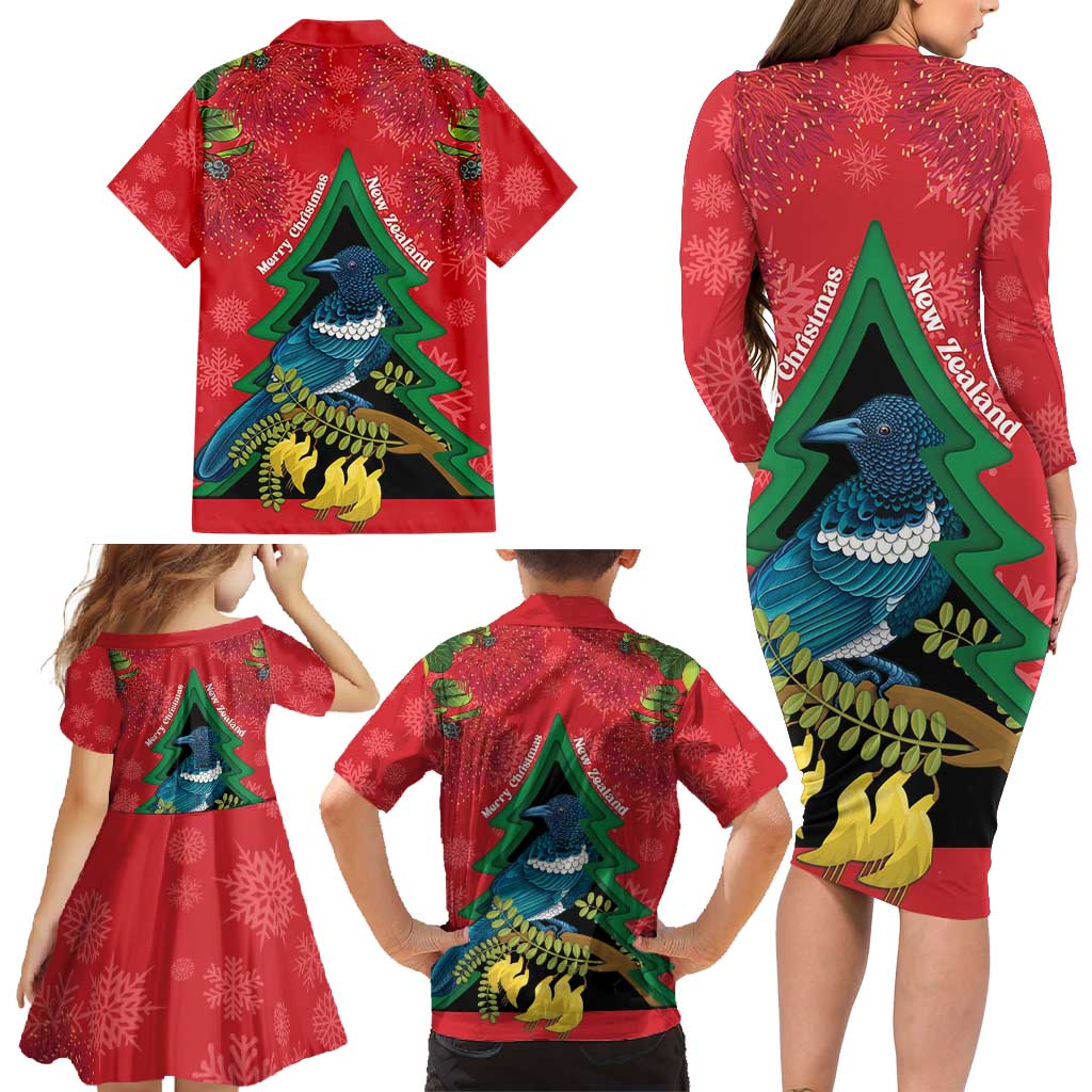 New Zealand Christmas In July Family Matching Long Sleeve Bodycon Dress and Hawaiian Shirt Kowhai Tui Bird With Pohutukawa - Red