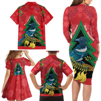 New Zealand Christmas In July Family Matching Long Sleeve Bodycon Dress and Hawaiian Shirt Kowhai Tui Bird With Pohutukawa - Red