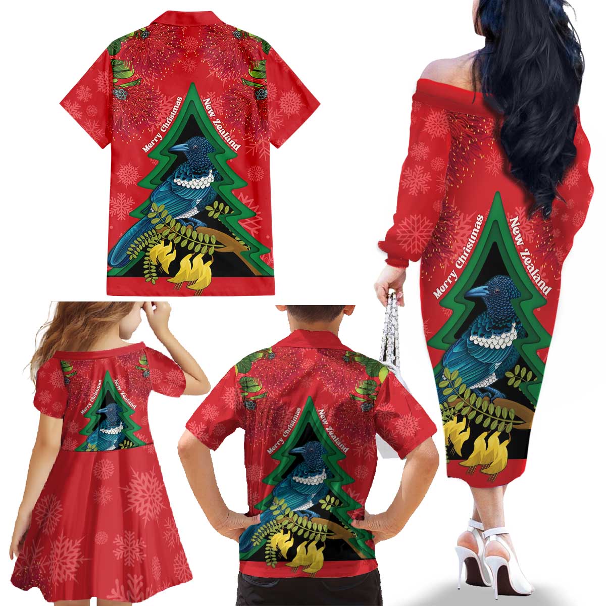New Zealand Christmas In July Family Matching Off The Shoulder Long Sleeve Dress and Hawaiian Shirt Kowhai Tui Bird With Pohutukawa - Red