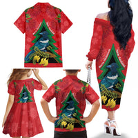 New Zealand Christmas In July Family Matching Off The Shoulder Long Sleeve Dress and Hawaiian Shirt Kowhai Tui Bird With Pohutukawa - Red