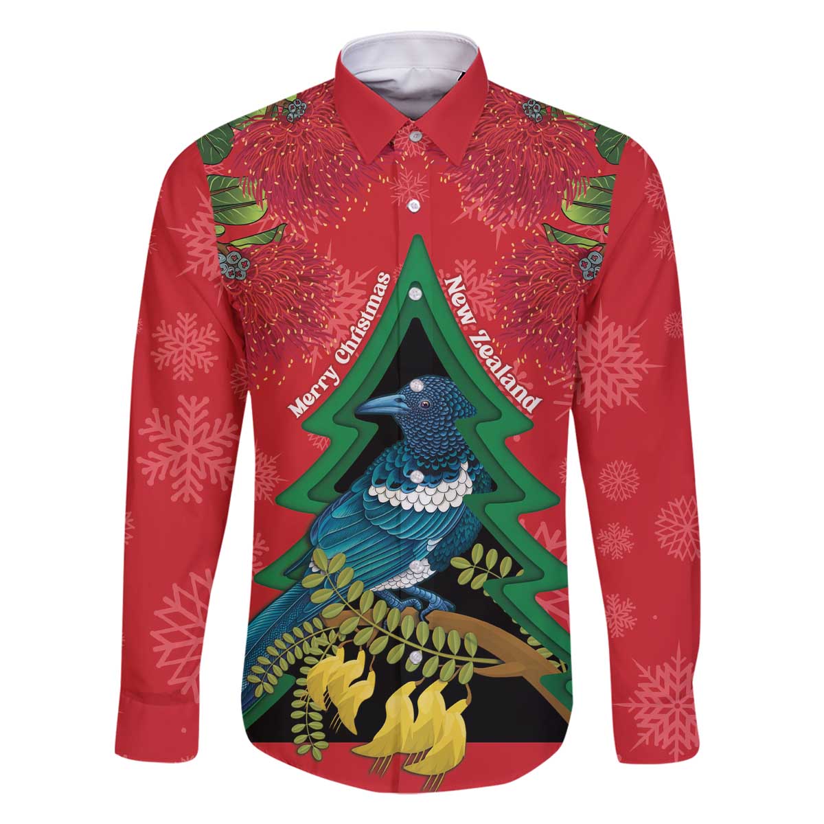 New Zealand Christmas In July Family Matching Off The Shoulder Long Sleeve Dress and Hawaiian Shirt Kowhai Tui Bird With Pohutukawa - Red