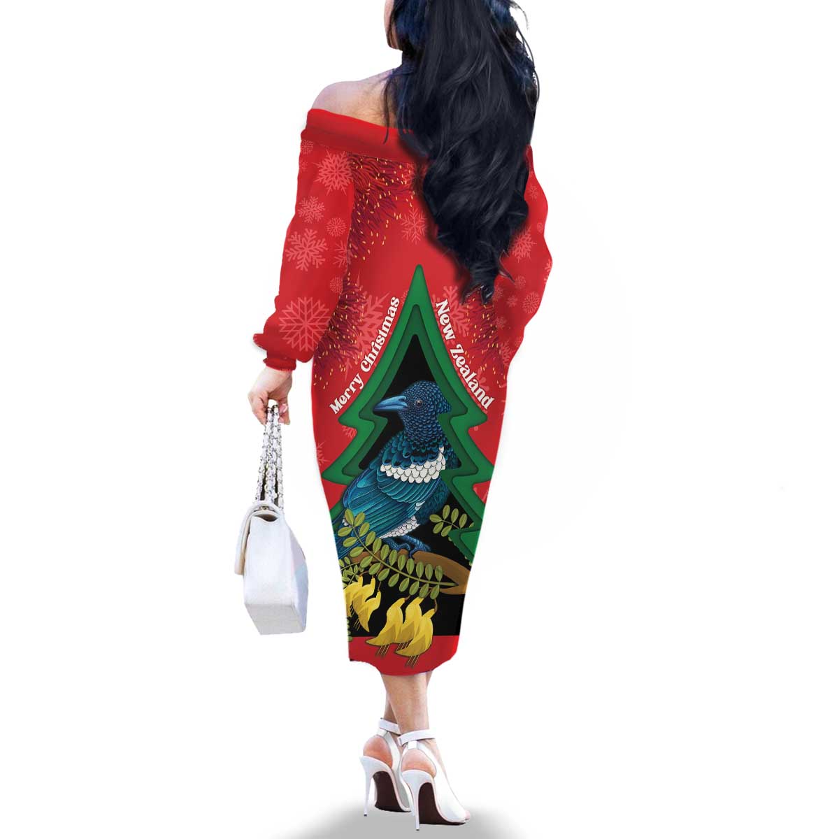 New Zealand Christmas In July Family Matching Off The Shoulder Long Sleeve Dress and Hawaiian Shirt Kowhai Tui Bird With Pohutukawa - Red