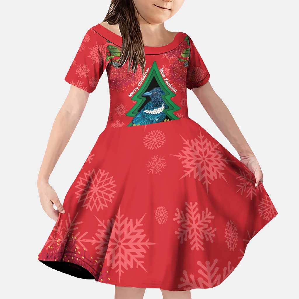 New Zealand Christmas In July Family Matching Off Shoulder Maxi Dress and Hawaiian Shirt Kowhai Tui Bird With Pohutukawa - Red