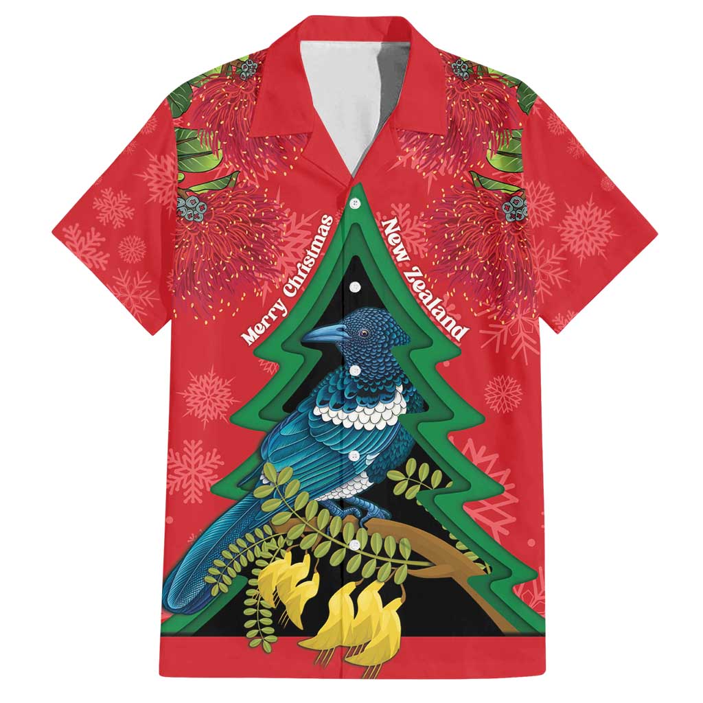 New Zealand Christmas In July Family Matching Off Shoulder Maxi Dress and Hawaiian Shirt Kowhai Tui Bird With Pohutukawa - Red
