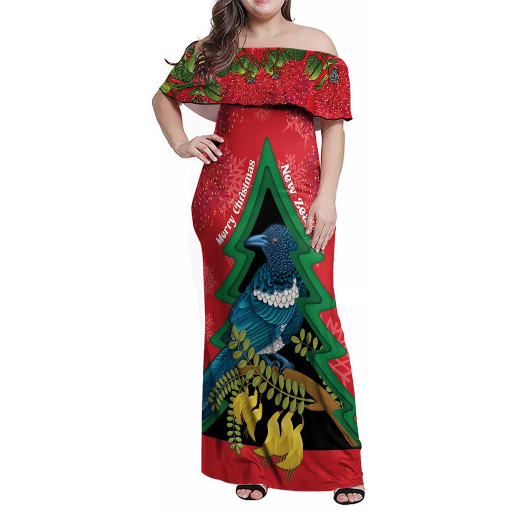 New Zealand Christmas In July Family Matching Off Shoulder Maxi Dress and Hawaiian Shirt Kowhai Tui Bird With Pohutukawa - Red