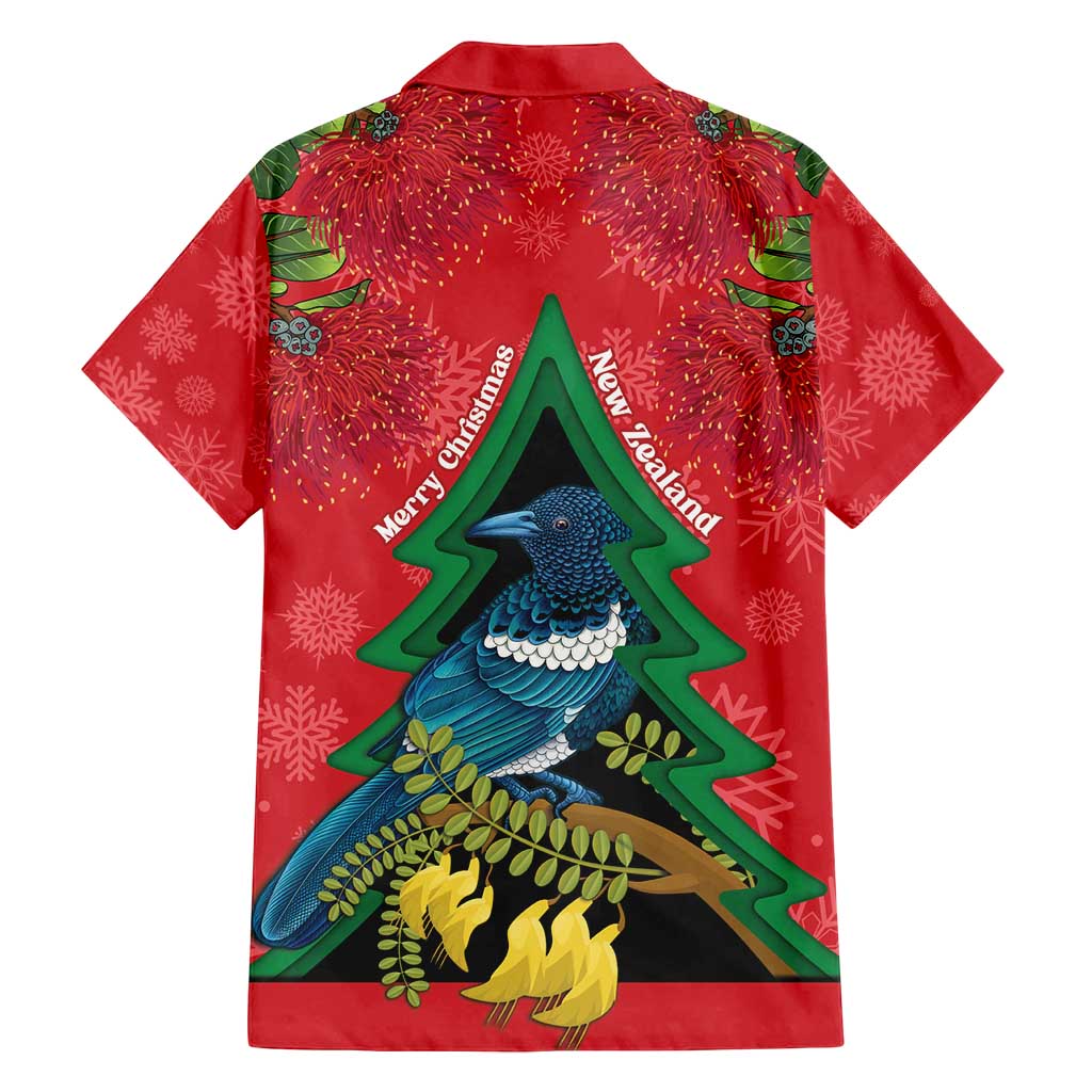 New Zealand Christmas In July Family Matching Off Shoulder Short Dress and Hawaiian Shirt Kowhai Tui Bird With Pohutukawa - Red