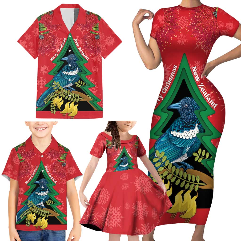 New Zealand Christmas In July Family Matching Short Sleeve Bodycon Dress and Hawaiian Shirt Kowhai Tui Bird With Pohutukawa - Red