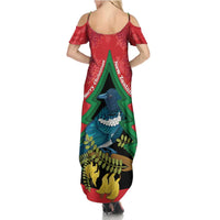 New Zealand Christmas In July Family Matching Summer Maxi Dress and Hawaiian Shirt Kowhai Tui Bird With Pohutukawa - Red