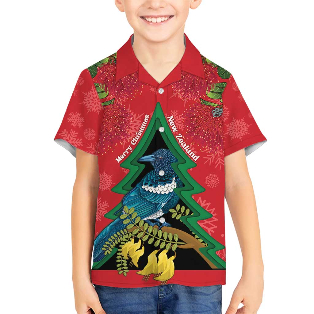New Zealand Christmas In July Family Matching Summer Maxi Dress and Hawaiian Shirt Kowhai Tui Bird With Pohutukawa - Red