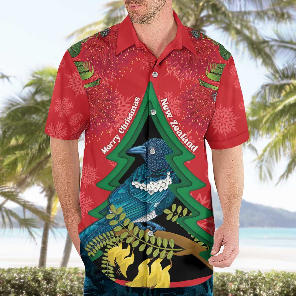 New Zealand Christmas In July Hawaiian Shirt Kowhai Tui Bird With Pohutukawa - Red