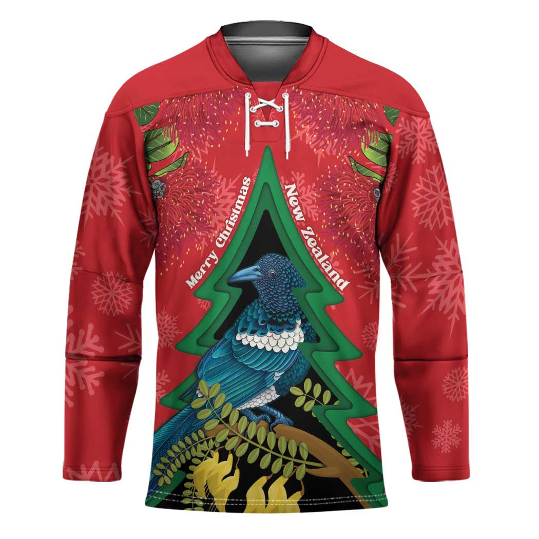 New Zealand Christmas In July Hockey Jersey Kowhai Tui Bird With Pohutukawa - Red - Polynesian Pride