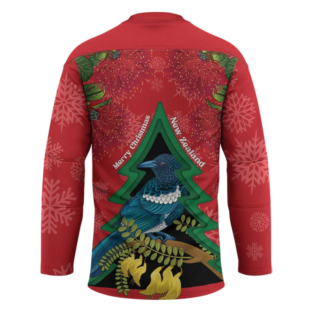 New Zealand Christmas In July Hockey Jersey Kowhai Tui Bird With Pohutukawa - Red - Polynesian Pride