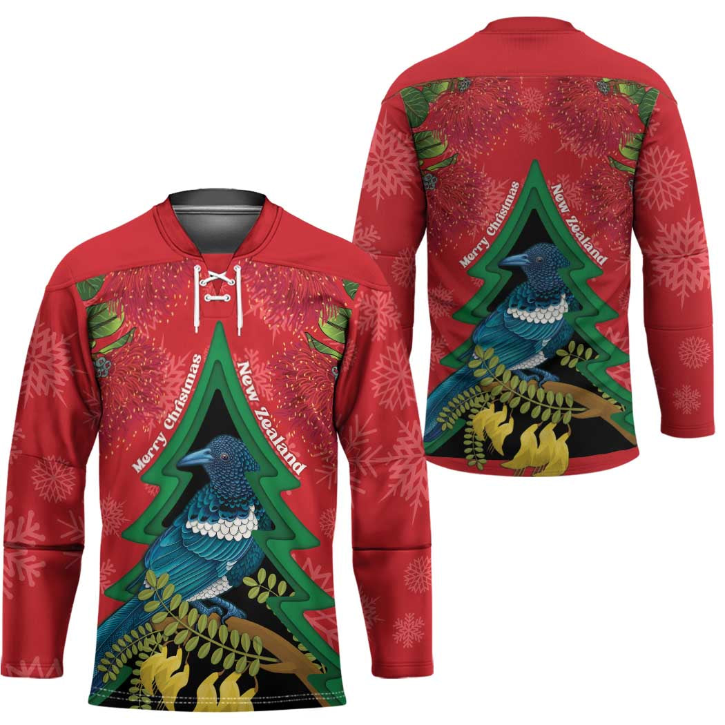 New Zealand Christmas In July Hockey Jersey Kowhai Tui Bird With Pohutukawa - Red - Polynesian Pride
