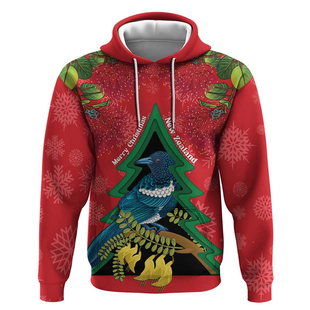 New Zealand Christmas In July Hoodie Kowhai Tui Bird With Pohutukawa - Red