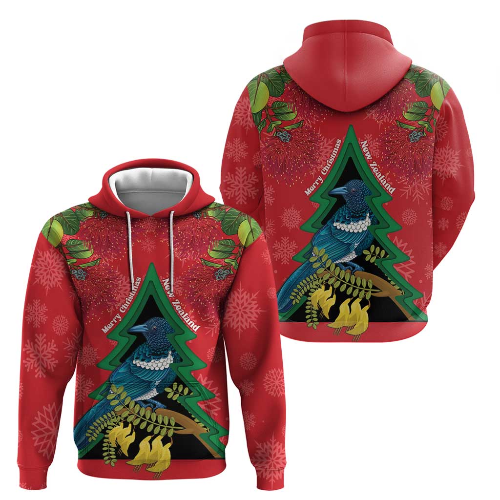New Zealand Christmas In July Hoodie Kowhai Tui Bird With Pohutukawa - Red