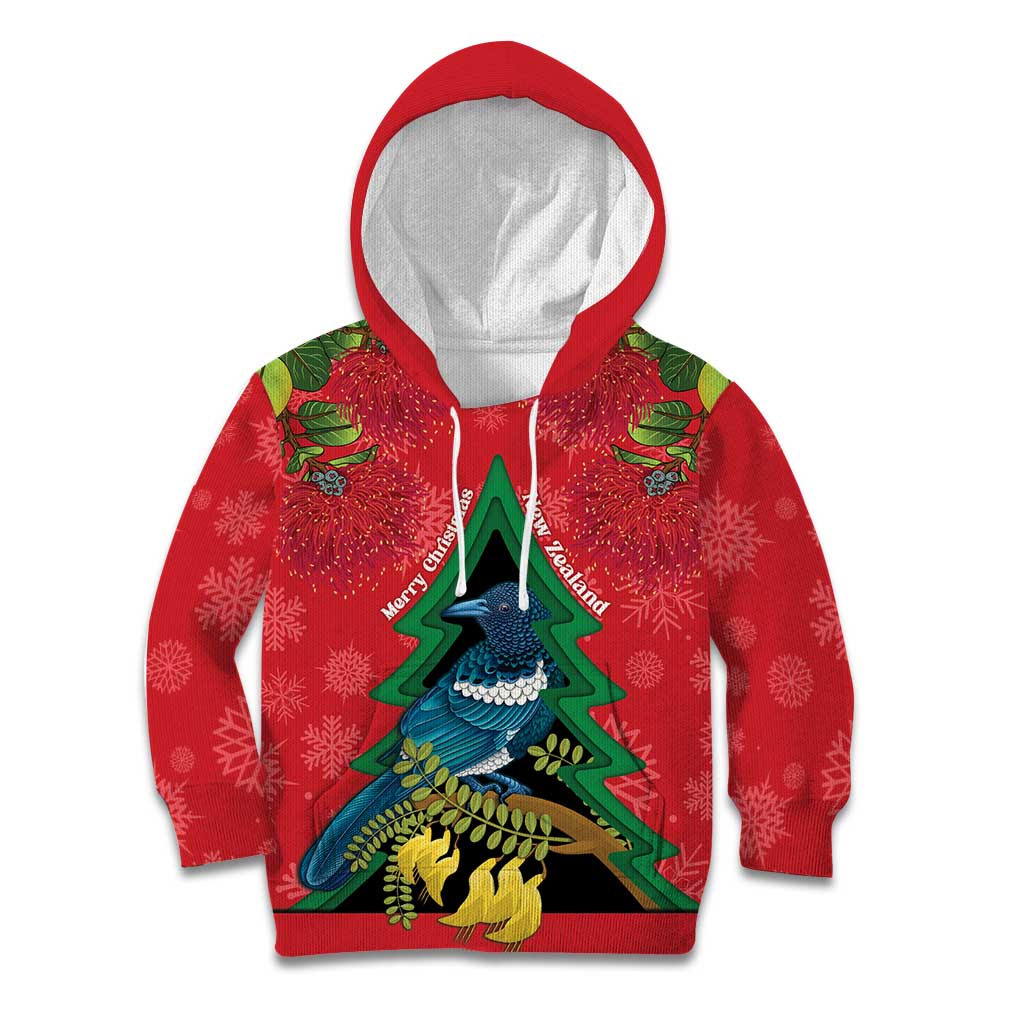 New Zealand Christmas In July Kid Hoodie Kowhai Tui Bird With Pohutukawa - Red