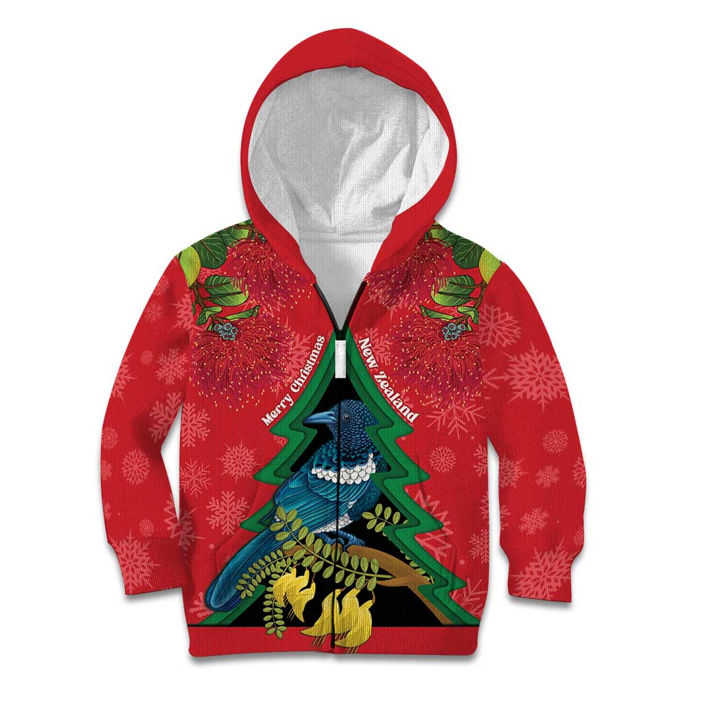 New Zealand Christmas In July Kid Hoodie Kowhai Tui Bird With Pohutukawa - Red