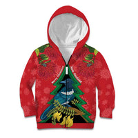 New Zealand Christmas In July Kid Hoodie Kowhai Tui Bird With Pohutukawa - Red