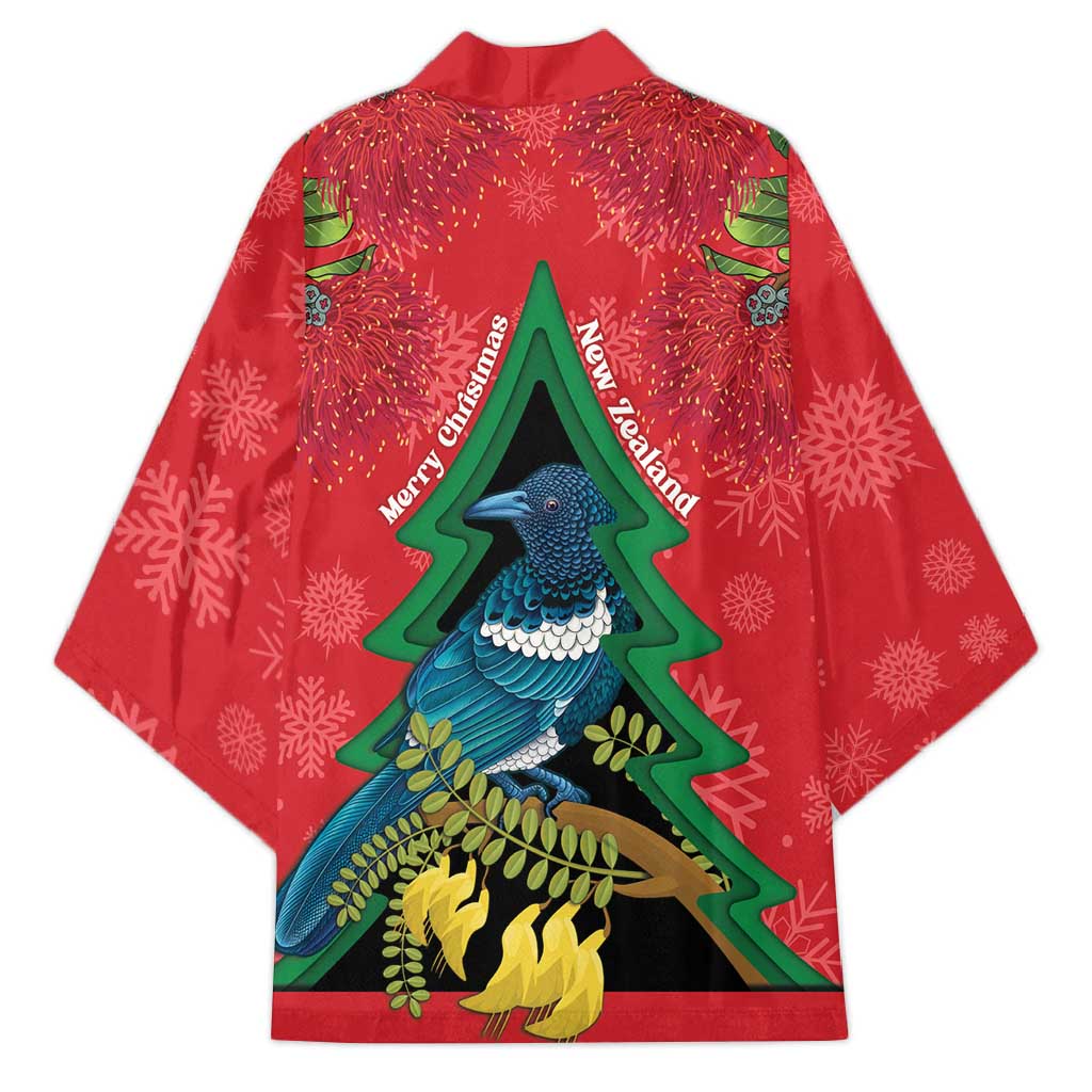 New Zealand Christmas In July Kimono Kowhai Tui Bird With Pohutukawa - Red - Polynesian Pride