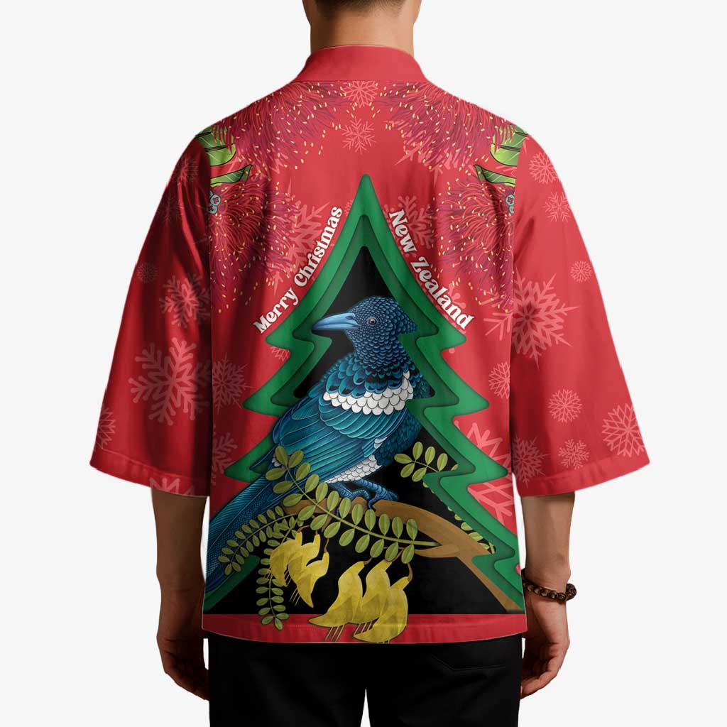 New Zealand Christmas In July Kimono Kowhai Tui Bird With Pohutukawa - Red - Polynesian Pride