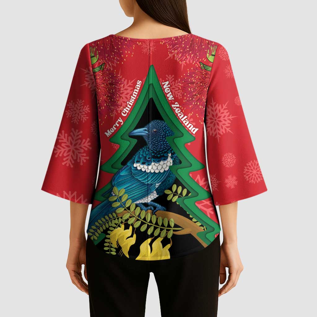 New Zealand Christmas In July Kimono Sleeve Blouse Kowhai Tui Bird With Pohutukawa - Red - Polynesian Pride