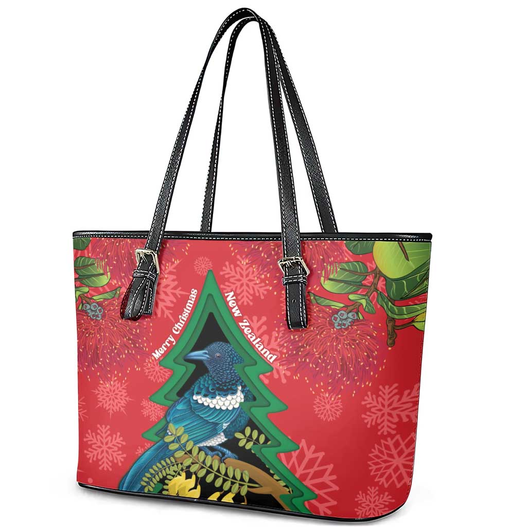 New Zealand Christmas In July Leather Tote Bag Kowhai Tui Bird With Pohutukawa - Red
