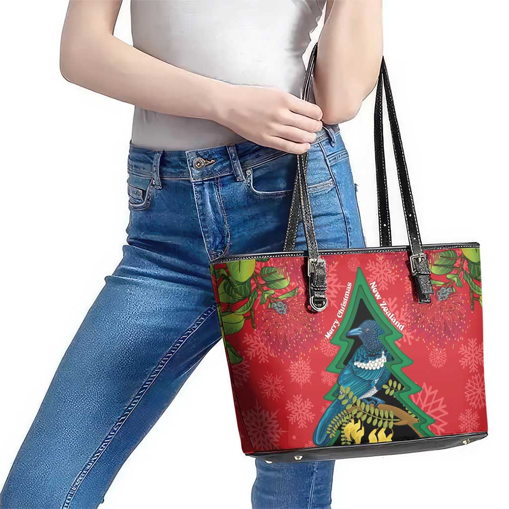 New Zealand Christmas In July Leather Tote Bag Kowhai Tui Bird With Pohutukawa - Red