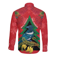New Zealand Christmas In July Long Sleeve Button Shirt Kowhai Tui Bird With Pohutukawa - Red