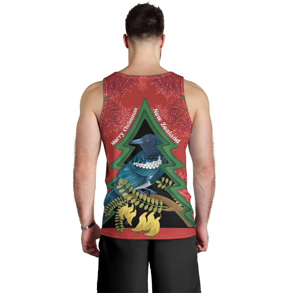 New Zealand Christmas In July Men Tank Top Kowhai Tui Bird With Pohutukawa - Red