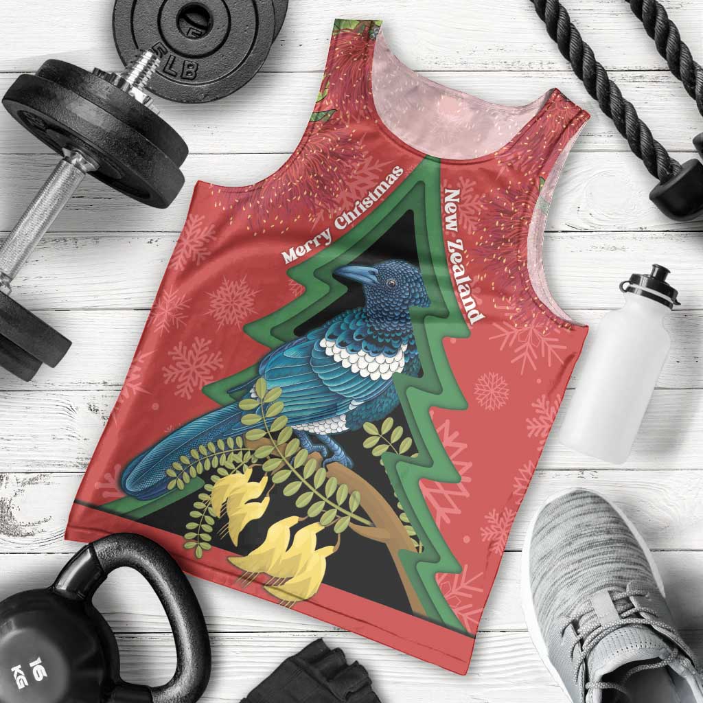 New Zealand Christmas In July Men Tank Top Kowhai Tui Bird With Pohutukawa - Red