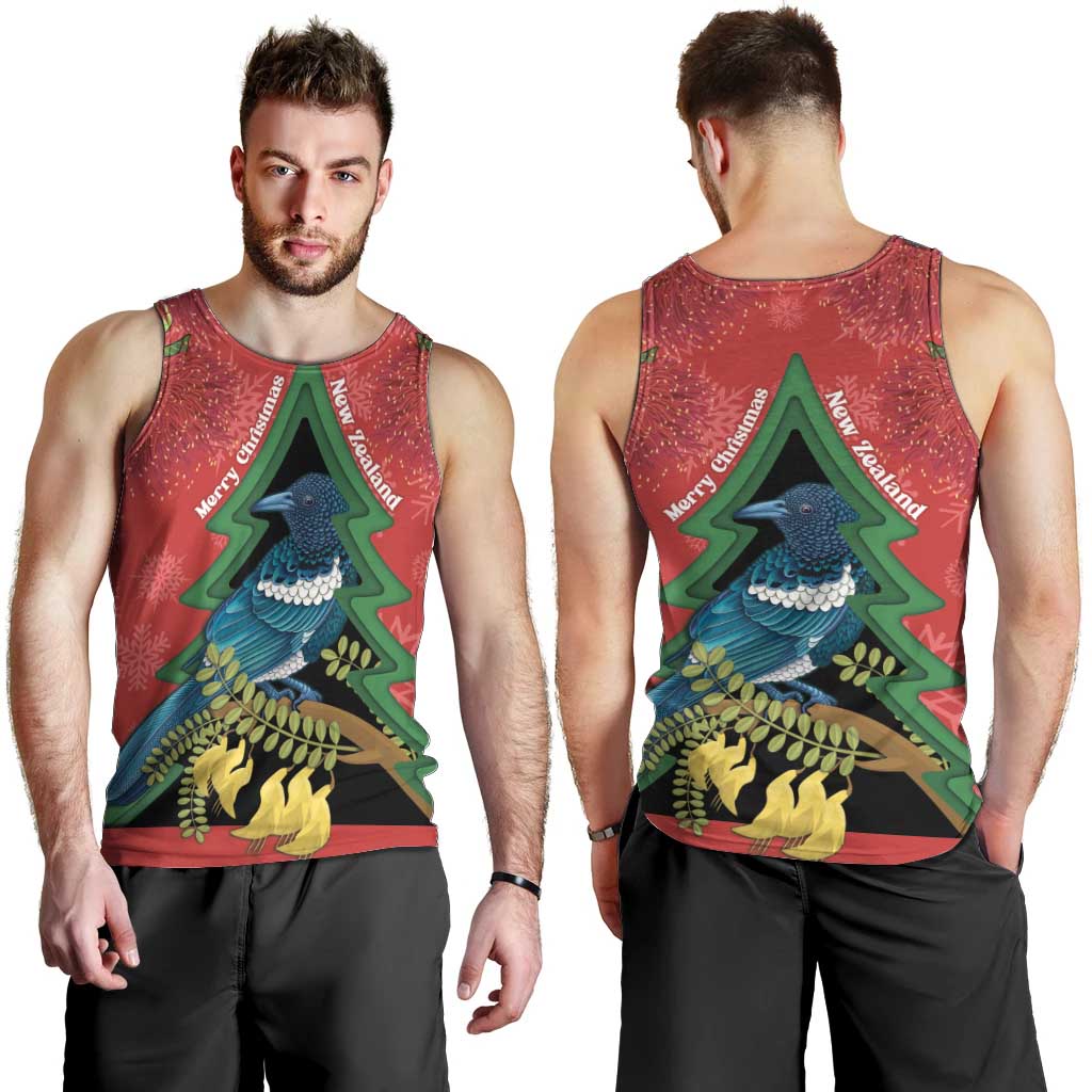 New Zealand Christmas In July Men Tank Top Kowhai Tui Bird With Pohutukawa - Red