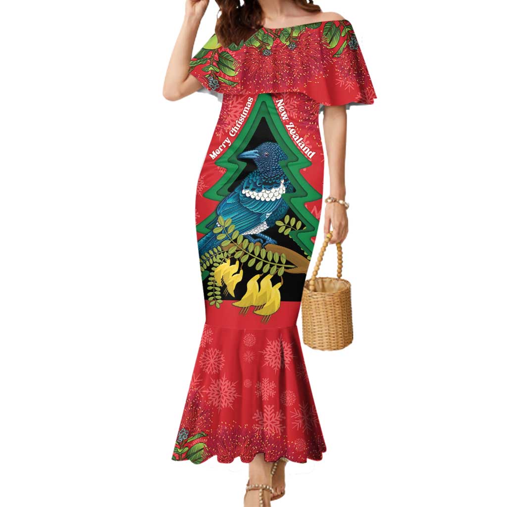 New Zealand Christmas In July Mermaid Dress Kowhai Tui Bird With Pohutukawa - Red