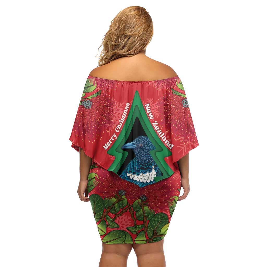 New Zealand Christmas In July Off Shoulder Short Dress Kowhai Tui Bird With Pohutukawa - Red