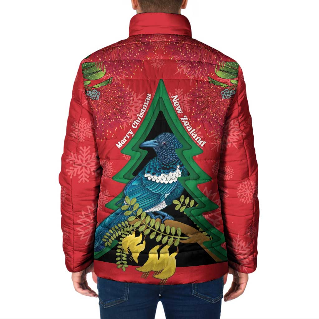 New Zealand Christmas In July Padded Jacket Kowhai Tui Bird With Pohutukawa - Red - Polynesian Pride