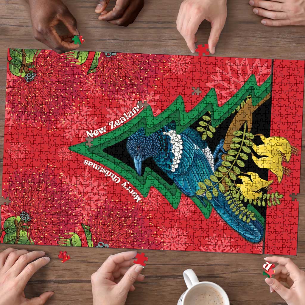 New Zealand Christmas In July Puzzle Kowhai Tui Bird With Pohutukawa - Red - Polynesian Pride