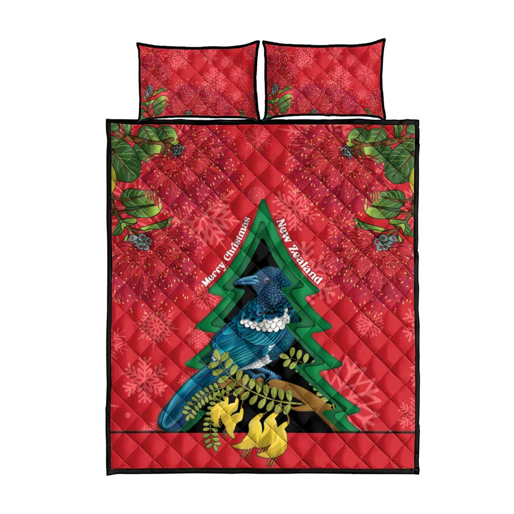 New Zealand Christmas In July Quilt Bed Set Kowhai Tui Bird With Pohutukawa - Red