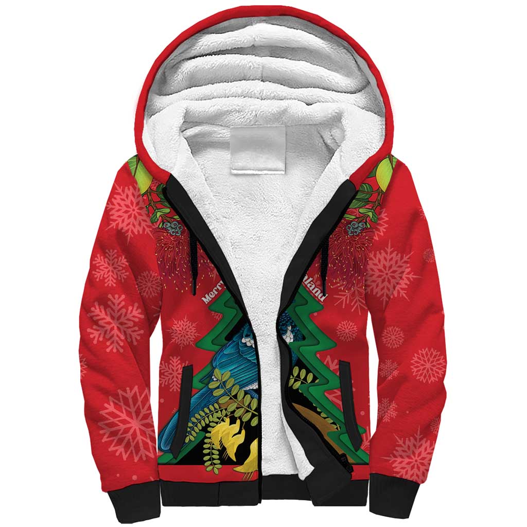 New Zealand Christmas In July Sherpa Hoodie Kowhai Tui Bird With Pohutukawa - Red