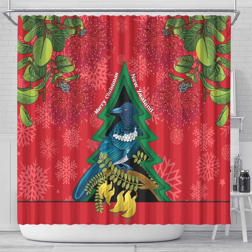 New Zealand Christmas In July Shower Curtain Kowhai Tui Bird With Pohutukawa - Red
