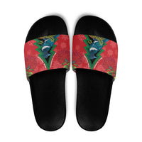 New Zealand Christmas In July Slide Sandals Kowhai Tui Bird With Pohutukawa - Red - Polynesian Pride