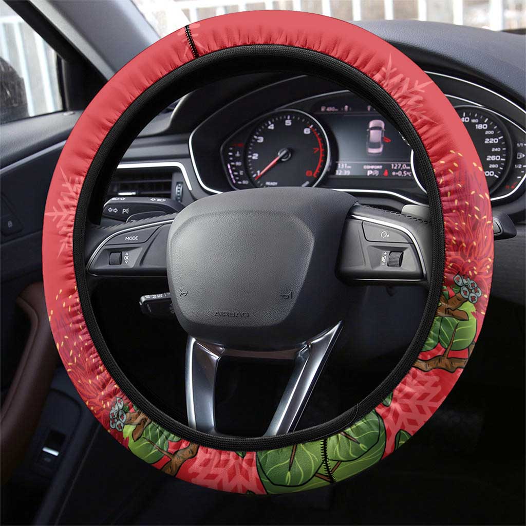 New Zealand Christmas In July Steering Wheel Cover Kowhai Tui Bird With Pohutukawa - Red